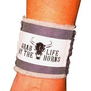 Grab Life By The Horns Wide Fabric Bracelet Cuff Longhorn Bull Skull Rodeo Gift